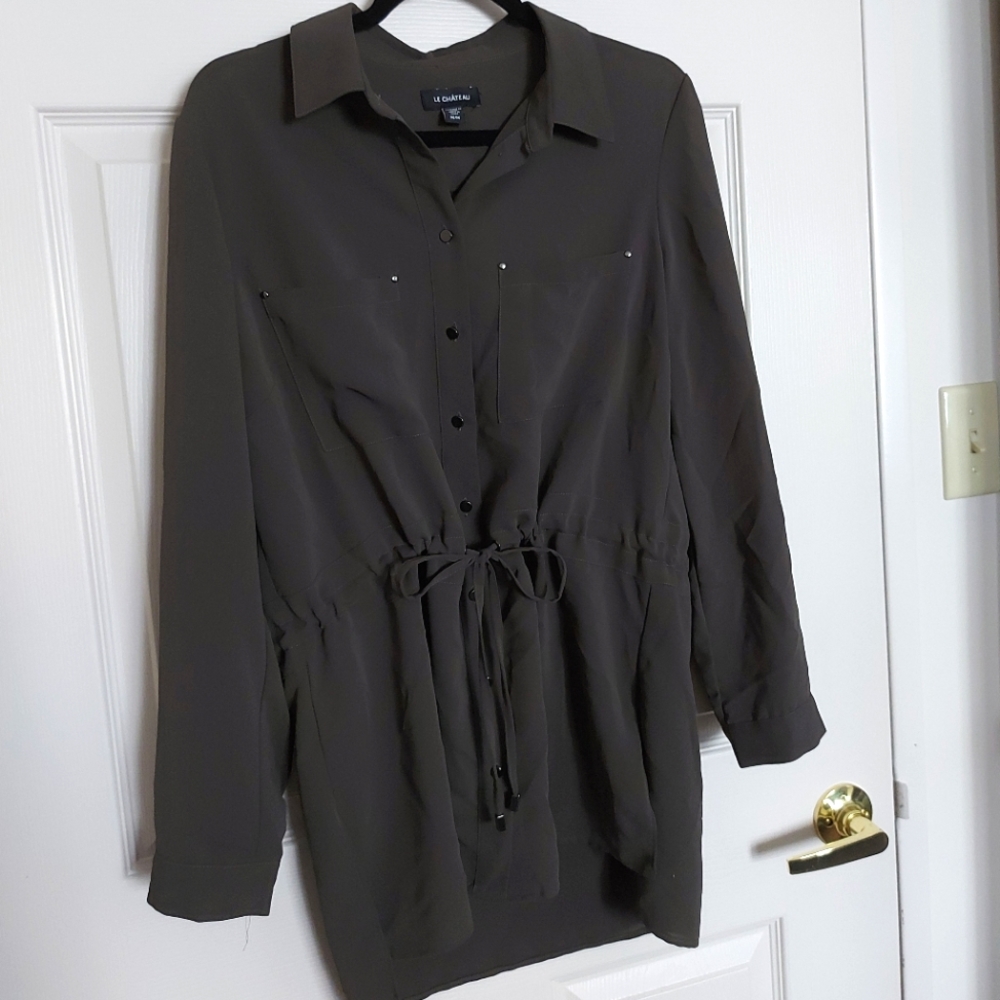 Olive Button Down Tie Waist Blouse from Le Chateau